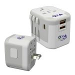 A white travel adaptor with multiple plug configurations and USB ports, featuring a logo on its surface.