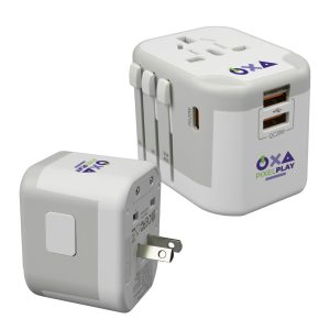 A white travel adaptor with multiple plug configurations and USB ports, featuring a logo on its surface.