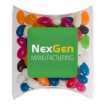 A pillow pack filled with assorted colour mini jelly beans, featuring a logo on the front.