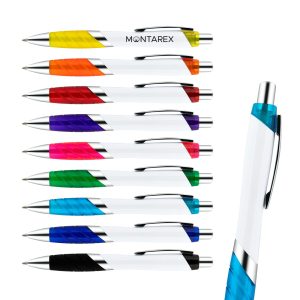 A collection of ten plastic pens in white, featuring vibrant rubber grips in various colours and silver accents.