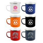 A collection of six enamel mugs in white, blue, orange, black, red, and dark blue, each featuring different logos.