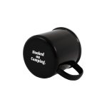 A black enamel mug with a handle and a logo on the bottom. Ideal for outdoor use.