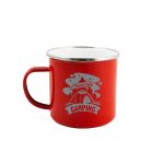 A red enamel mug with a silver rim and a camping-themed design, featuring the text "Travel Tribe" and "CAMPING."
