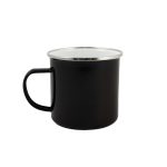 A black enamel mug with a silver rim and a sturdy handle.
