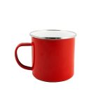 A red enamel mug with a silver rim and a sturdy handle, designed for drinking beverages.