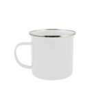 A white enamel mug with a silver rim, designed for drinking beverages.