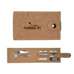 A cork manicure set featuring scissors, nail clippers, tweezers, nail files, and a snap closure.
