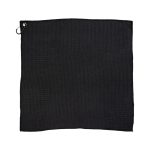 A black, textured travel towel with a corner loop for hanging. It has a simple design and a towel-like appearance.