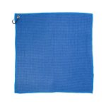 A blue travel towel with a textured fabric and a hanging loop. It has a simple design and features a logo.