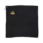 A black travel towel with a textured surface and a logo featuring a camping motif.