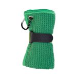A green Rhino Travel Towel wrapped and secured with a black strap, featuring a carabiner for attachment.