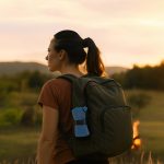 A woman with a ponytail wearing a brown shirt and a green backpack stands outdoors with a blue Rhino Travel Towel attached.