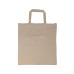 A beige reusable grocery bag with short handles, featuring a simple design and no visible logos.