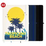 A set of A4 notebooks in white, blue, and black, featuring a tropical beach design on the white cover.