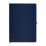 A navy Capella A4 Notebook featuring a smooth cover, elastic closure, and an attached ribbon bookmark.