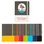 A notebook with a textured gray cover featuring a flamingo design, available in multiple colors with matching bookmarks.