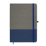 A Venture Bondi A5 Notebook with a textured grey cover and a navy blue bottom half, featuring an elastic band closure.