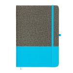 A Venture Bondi A5 Notebook featuring a textured gray cover with a bright blue lower section and elastic closure.