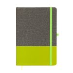 A grey and neon green A5 notebook with a textured cover, featuring an elastic band and a bookmark ribbon.