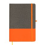 A Venture Bondi A5 Notebook featuring a textured gray cover with an orange bottom half and matching elastic closure.