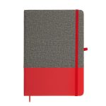 A Venture Bondi A5 Notebook featuring a grey textured cover with a bold red bottom half and matching elastic closure.