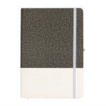 A dark gray notebook with a textured cover, featuring a white bottom section and an elastic band closure.