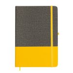 A grey and yellow A5 notebook with a flexible cover and an elastic closure, featuring a logo.