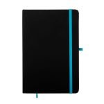 A black A5 notebook with a turquoise elastic band and two bookmarks, featuring a smooth cover and a branded logo.