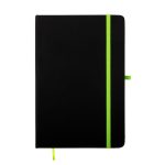 A black A5 notebook with a bright green elastic band and bookmark.