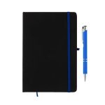 A black notebook with a blue elastic band and a blue pen positioned alongside it, featuring a logo.