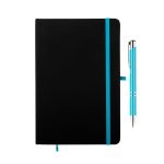 A black notebook with a turquoise elastic band and a matching turquoise pen placed beside it. The notebook has a logo.