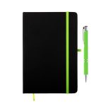 A black notebook with a green elastic band and a matching green pen, featuring a logo.