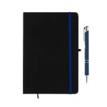 A black notebook with a blue elastic band and a blue pen beside it. The notebook has a logo.