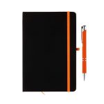 A black notebook with an orange elastic band and an orange-accented silver pen. The pen has a sleek, modern design.