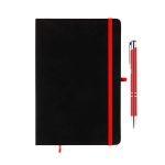 A black notebook with a red elastic band and a matching red pen alongside it. The notebook has a logo.