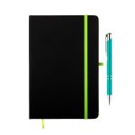A black notebook with a green elastic band and a turquoise pen beside it. The notebook has a branding logo.