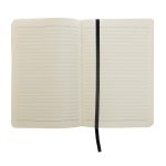 A recycled leather notebook in light beige with lined pages and a black ribbon bookmark. It has a logo on the cover.