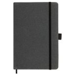 A dark gray hardcover notebook made from recycled leather, featuring a black elastic band and bookmark.