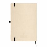 A beige A5 notebook made from sugarcane, featuring a black elastic closure and a logo.