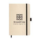 A beige A5 notebook featuring a black elastic band and a logo on the cover. Includes a ribbon bookmark.