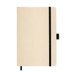 A beige A5 notebook with a black elastic band and ribbon bookmark, featuring a logo on the cover.