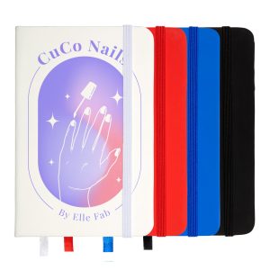 A set of five notebooks in white, red, blue, and black, each with a band, featuring a hand illustration on the cover.