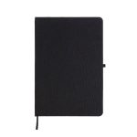 A black A5 notebook made from recycled materials, featuring a soft cover and a ribbon bookmark.