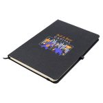 A black A5 notebook with a textured cover and an illustrated design featuring graphic elements, including a logo.
