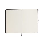 An open Venture RPET A5 Notebook featuring blank, cream-colored pages and a black cover.