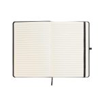An open A5 notebook with lined pages and a black binding.