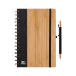 A bamboo notebook with a black fabric cover and a black pen attached. It features a spiral binding and a logo.