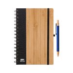 A bamboo-textured notebook with a black spine and a blue pen resting beside it, featuring a logo.