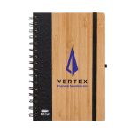 A spiral-bound notebook with a wooden bamboo cover and a black spine, featuring a logo on the front.