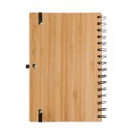 A bamboo notebook with a spiral binding and a black elastic band. It features a sleek and natural wood finish.